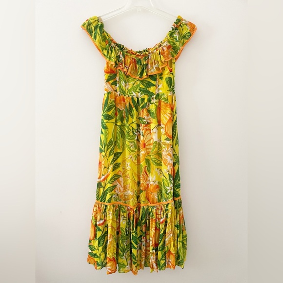 FARM RIO Tangerines Fruit Print Ruffled Midi Dress Tropical Summer Vacation XS - Picture 11 of 13